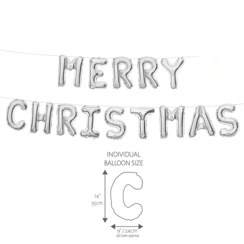 SILVER MERRY CHRISTMAS AIR-FILL FOIL LETTER BALLOON STRING (9" x 14" / 24cm x 35cm)