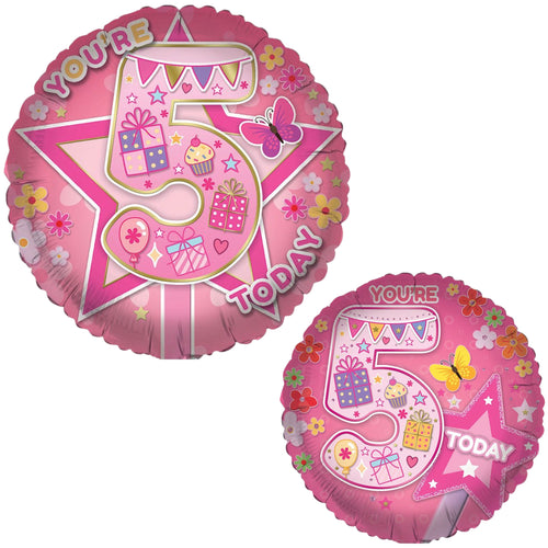18"/ 46cm AGE 5 FEMALE DOUBLE-SIDED ROUND FOIL BALLOON