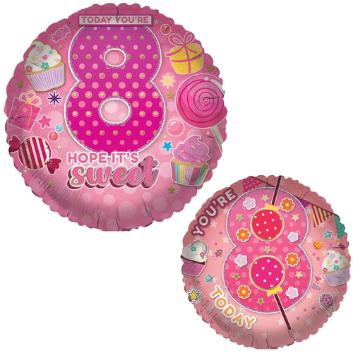18"/ 46cm AGE 8 FEMALE DOUBLE-SIDED ROUND FOIL BALLOON