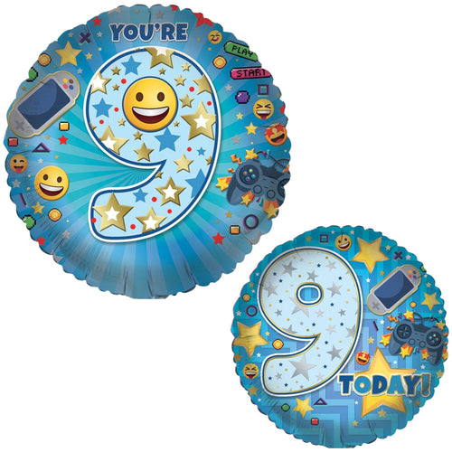 18"/ 46cm AGE 9 MALE DOUBLE-SDIED ROUND FOIL BALLOON