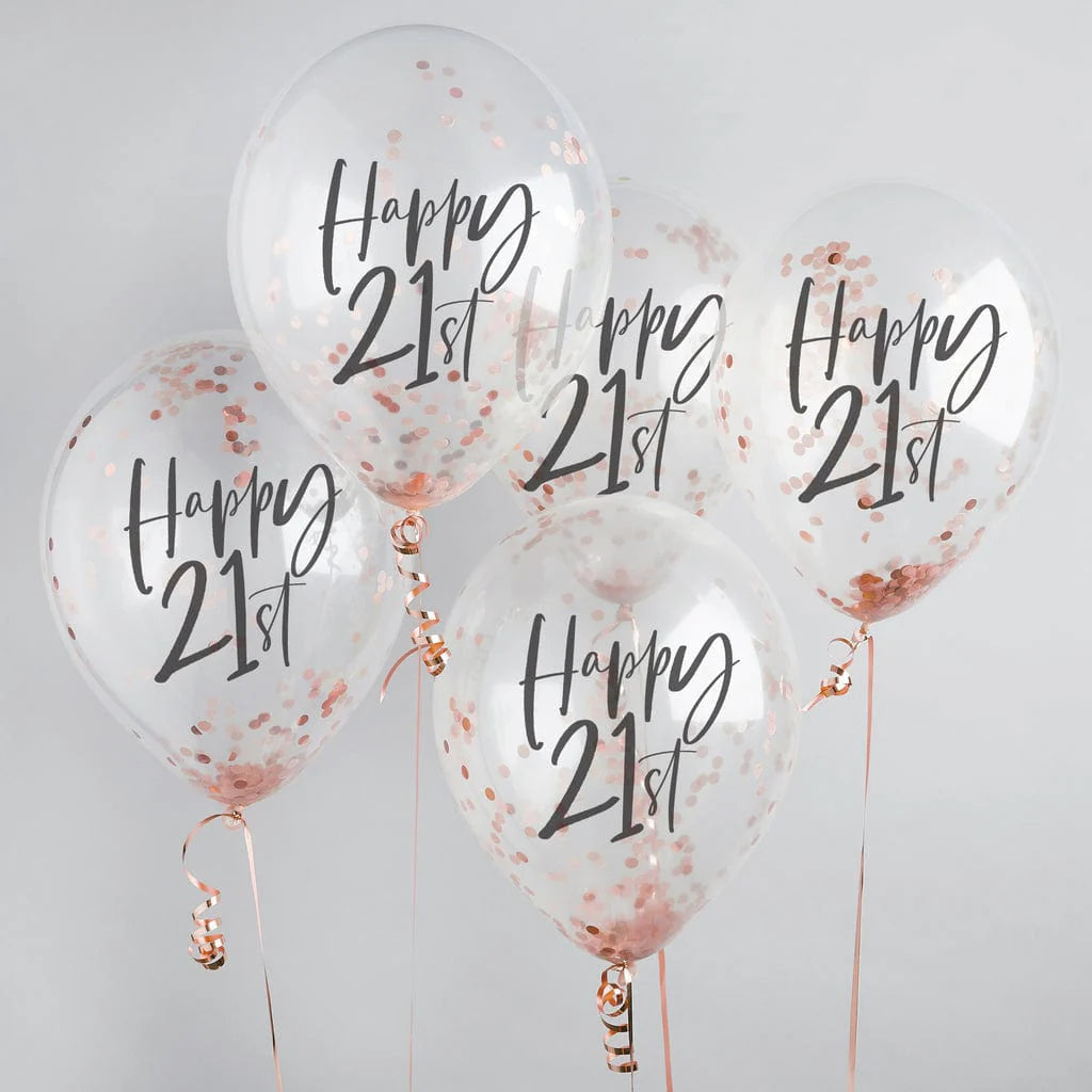 12"/ 30cm ROSE GOLD 'HAPPY 21ST' 5 PACK LATEX BALLOONS
