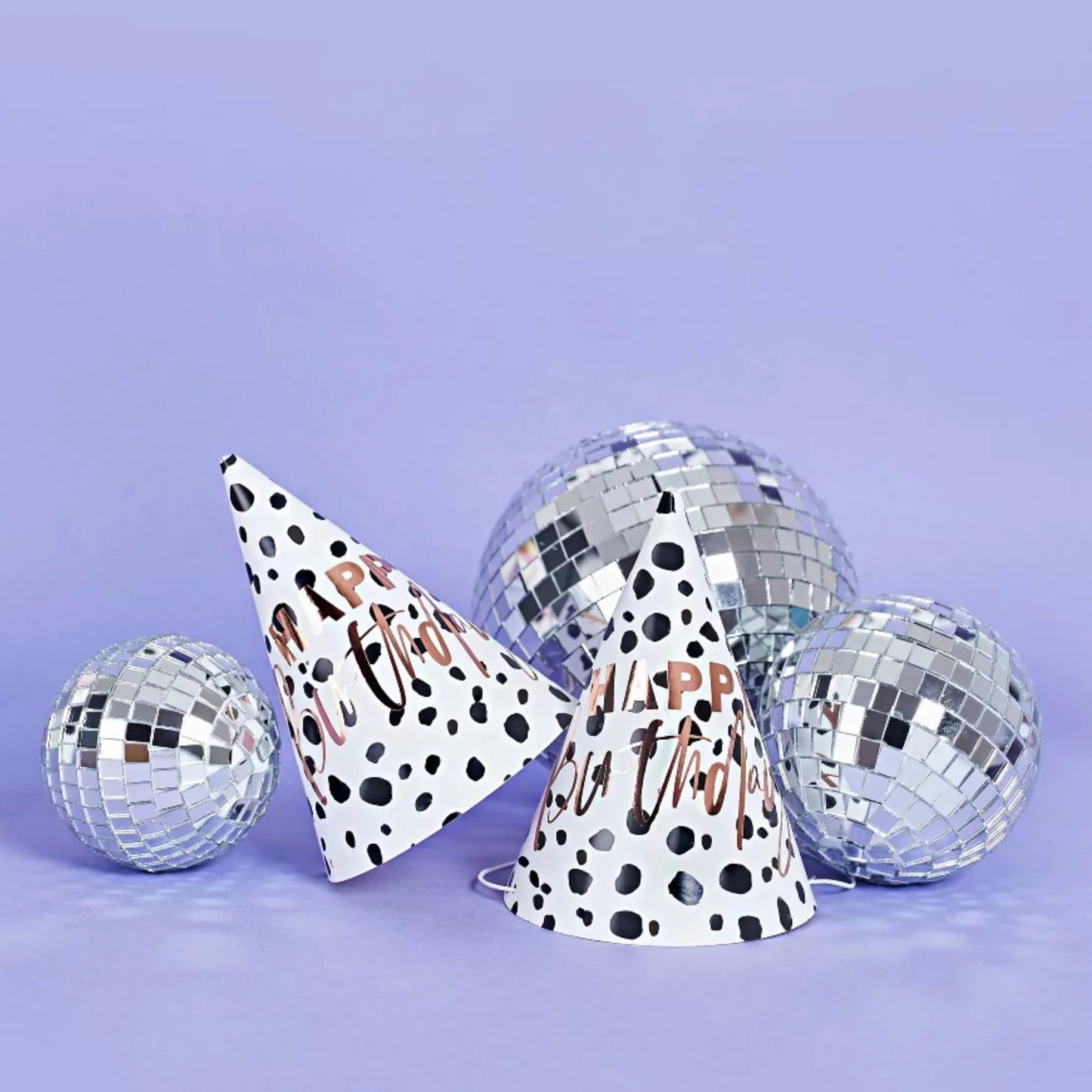 ROSE GOLD DOTTY DALMATION HAPPY BIRTHDAY HATS (10 PACK)