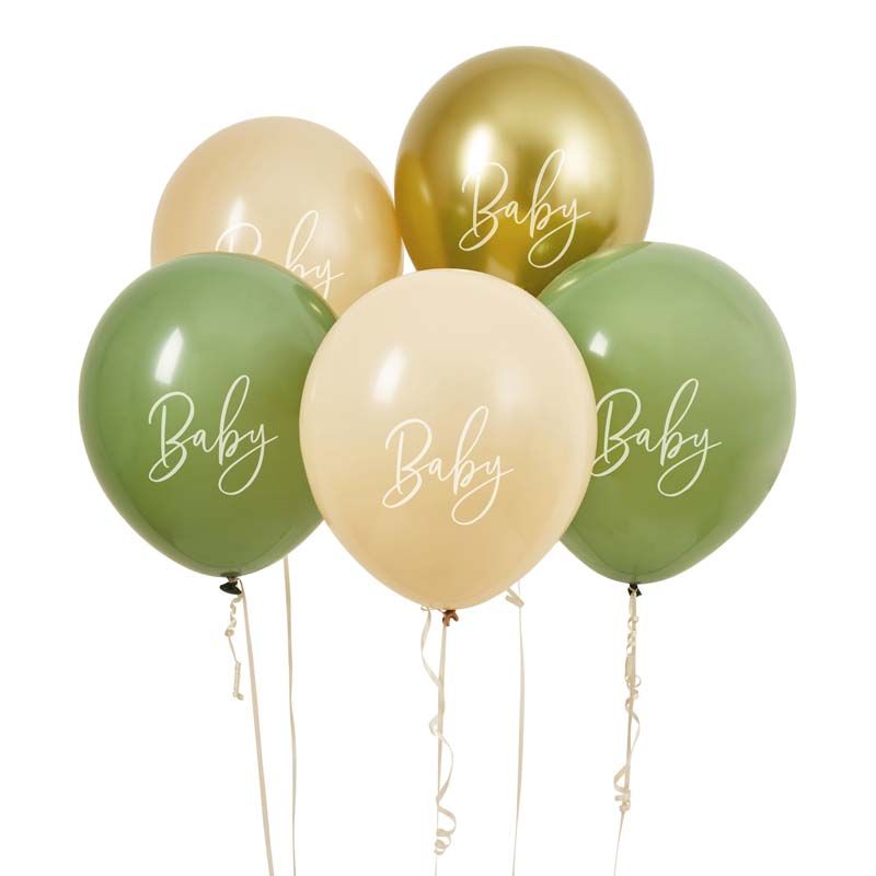 12"/ 30cm SAGE, NUDE & GOLD 'BABY' 5 PACK LATEX BALLOONS
