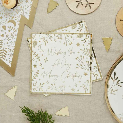 WISHING YOU A VERY MERRY CHRISTMAS' GOLD FOILED PAPER NAPKINS (16 PACK)