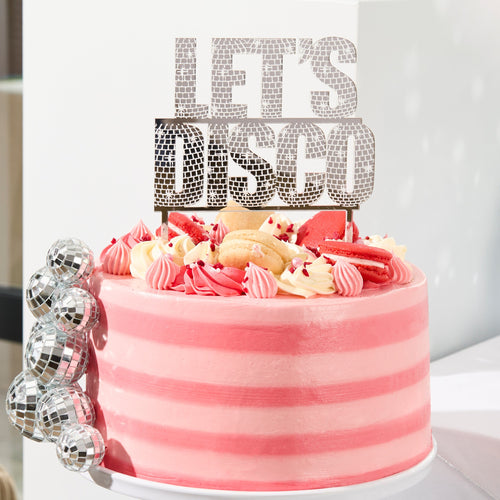 SILVER 'LET'S DISCO' ACRYLIC CAKE TOPPER (16.5cm x 13.5cm)