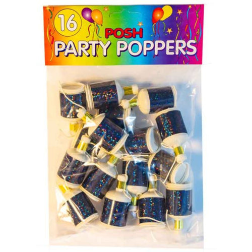 HOLOGRAPHIC BLACK PARTY POPPERS (16 PACK)