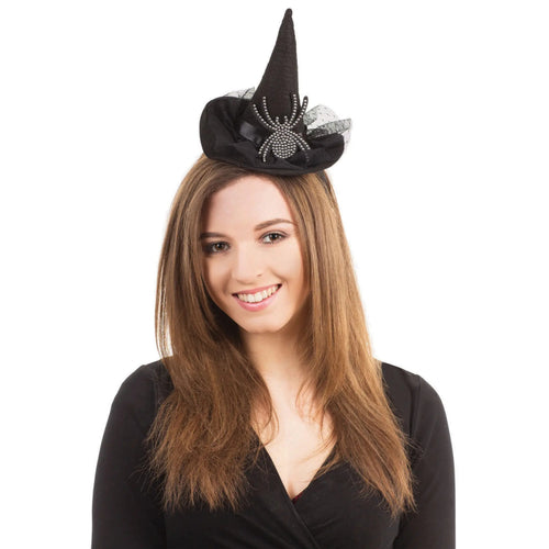 WITCH HAT ON HEADBAND WITH DIAMANTE SPIDER