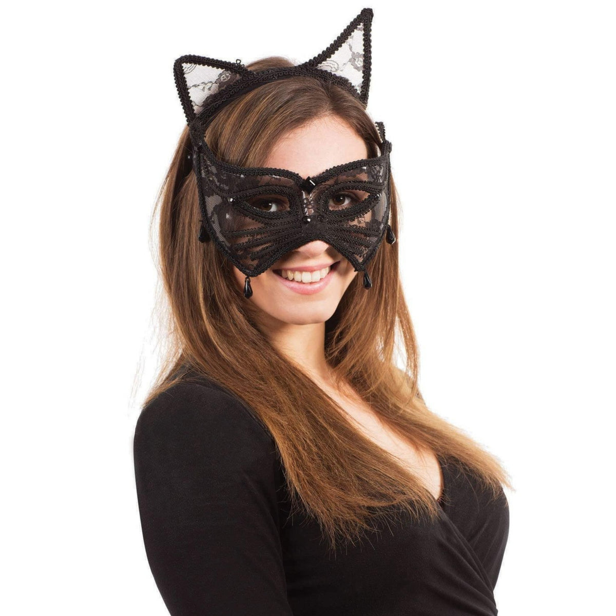 BLACK LACE CAT EYE MASK WITH EARS ON HEADBAND