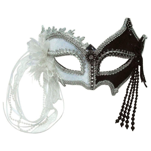 BLACK AND WHITE EYE MASK WITH TASSELS