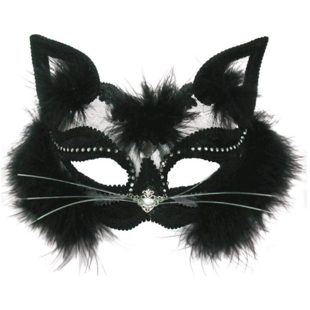 ADULT'S FLUFFY BLACK CAT EYE MASK ON HEADBAND