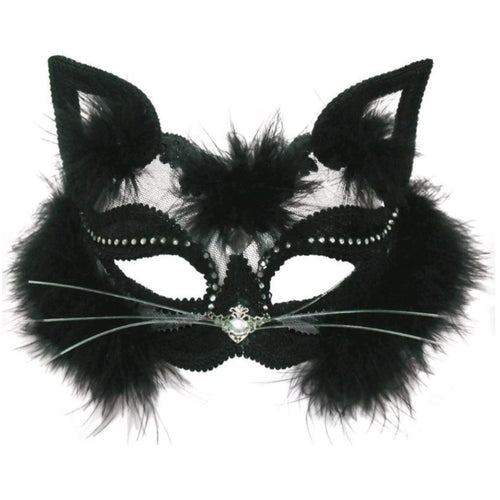 ADULT'S FLUFFY BLACK CAT EYE MASK ON HEADBAND