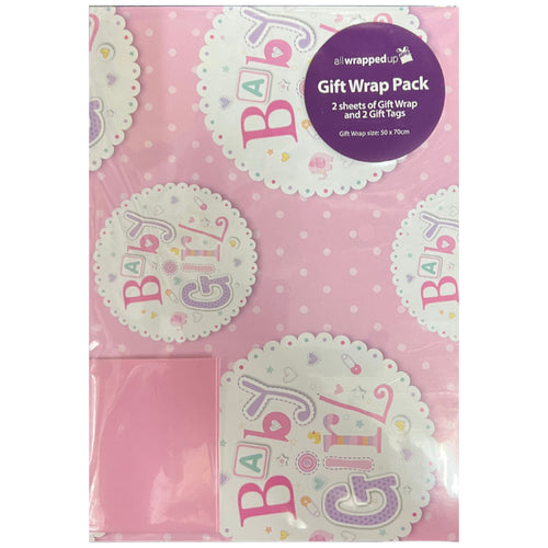 BABY GIRL GIFT WRAP PACK (2 SHEETS 50cm x 70cm & 2 TAGS)