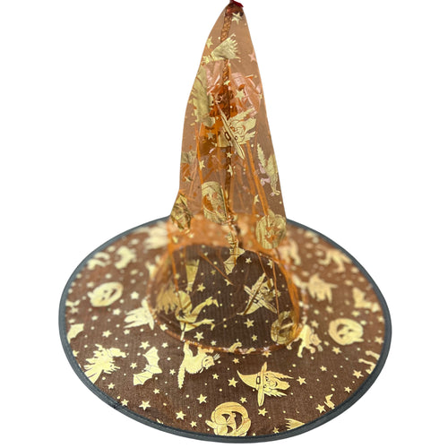 RED CHIFFON WITCH HAT WITH GOLD HALLOWEEN PRINT DESIGN
