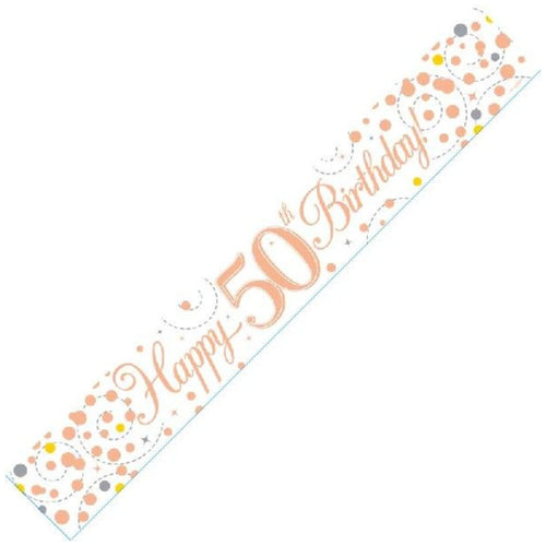9ft / 2.7m WHITE & ROSE GOLD SPARKLING FIZZ 50TH BIRTHDAY BANNER