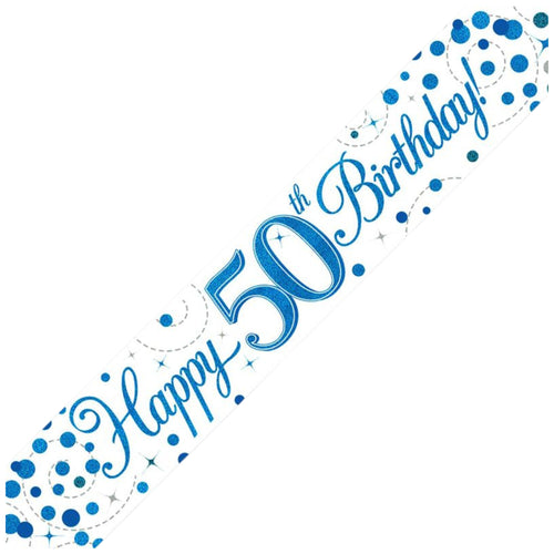 9ft / 2.7m WHITE & BLUE SPARKLING FIZZ 50TH BIRTHDAY BANNER
