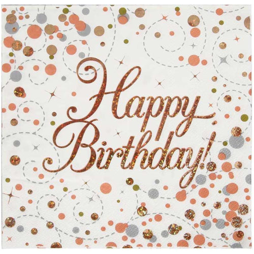 HAPPY BIRTHDAY SPARKLING FIZZ ROSE GOLD NAPKINS (17cm - 16 PACK)