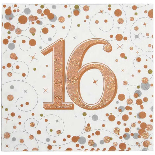 16TH BIRTHDAY SPARKLING FIZZ ROSE GOLD NAPKINS (17cm - 16 PACK)