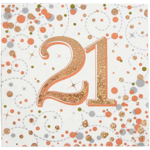 21ST BIRTHDAY SPARKLING FIZZ ROSE GOLD NAPKINS (17cm - 16 PACK)