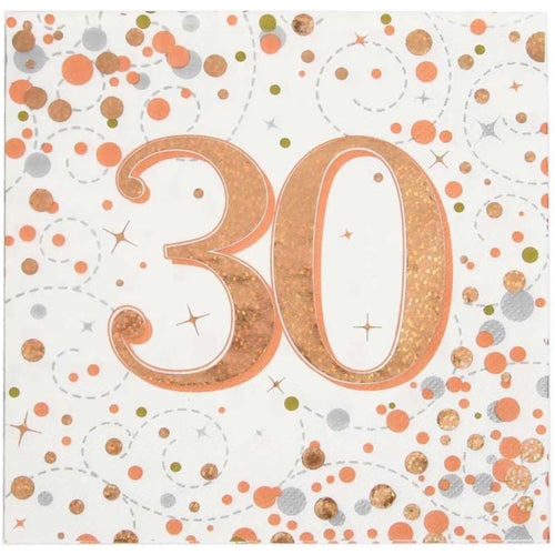 30TH BIRTHDAY SPARKLING FIZZ ROSE GOLD NAPKINS (17cm - 16 PACK)