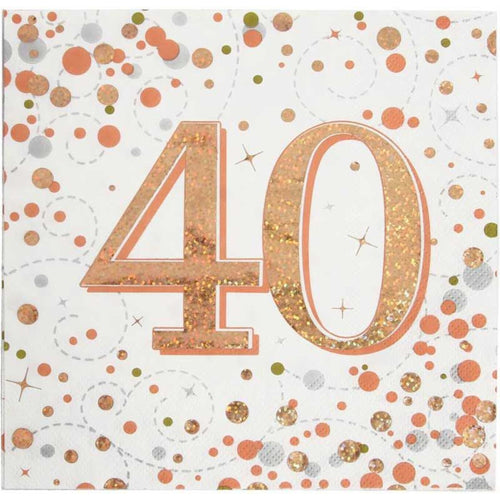 40TH BIRTHDAY SPARKLING FIZZ ROSE GOLD NAPKINS (17cm - 16 PACK)