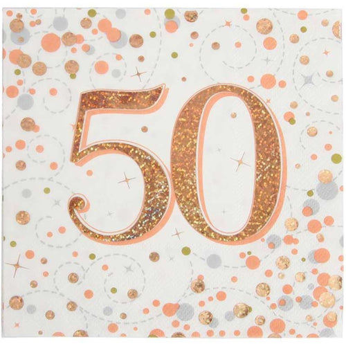 50TH BIRTHDAY SPARKLING FIZZ ROSE GOLD NAPKINS (17cm - 16 PACK)