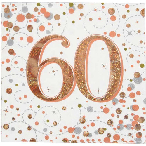 60TH BIRTHDAY SPARKLING FIZZ ROSE GOLD NAPKINS (17cm - 16 PACK)