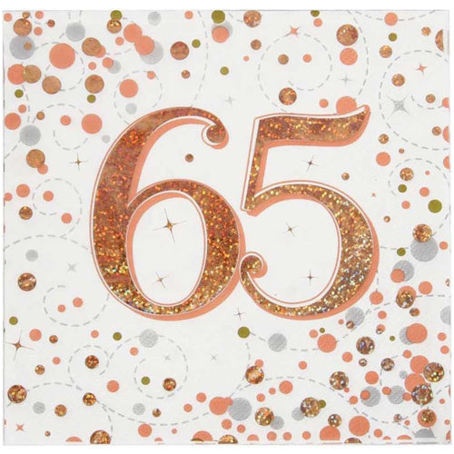 65TH BIRTHDAY SPARKLING FIZZ ROSE GOLD NAPKINS (17cm - 16 PACK)