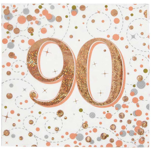 90TH BIRTHDAY SPARKLING FIZZ ROSE GOLD NAPKINS (17cm - 16 PACK)