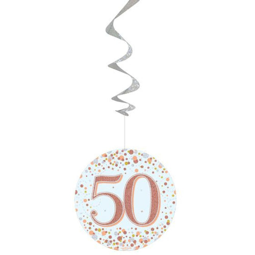 50TH BIRTHDAY SPARKLING FIZZ WHITE & ROSE GOLD HANGING SWIRLS (6 PACK)