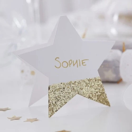 GOLD GLITTER STAR SHAPED PLACE CARDS (6 PACK)