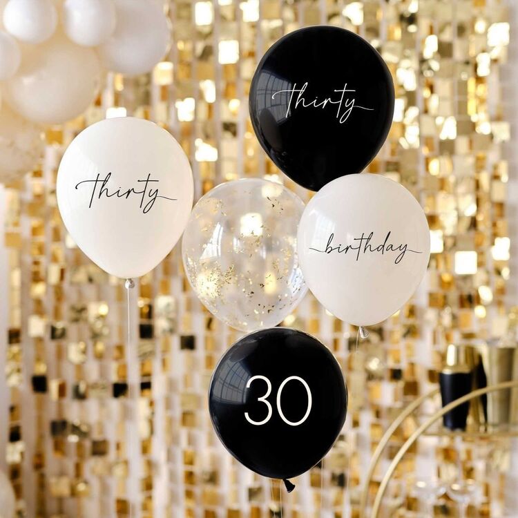 12"/ 30cm BLACK & WHITE '30' 5 PACK LATEX BALLOONS