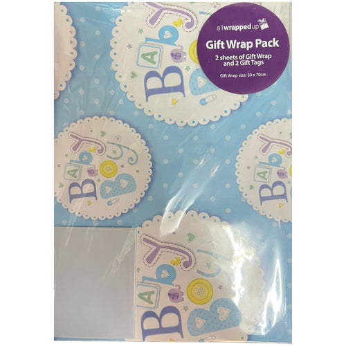 BABY BOY GIFT WRAP PACK (2 SHEETS 50cm x 70cm & 2 TAGS)