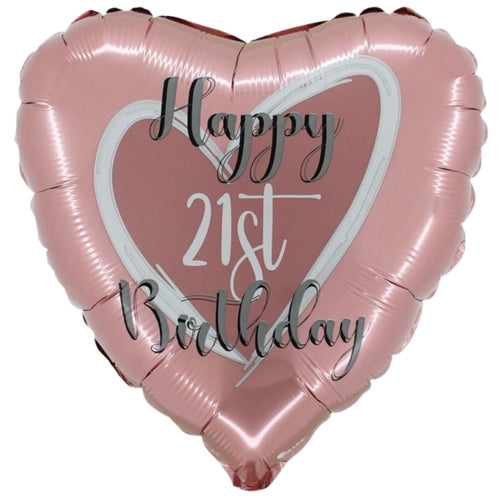 18"/ 46cm ROSE GOLD HAPPY 21ST BIRTHDAY HEART SHAPE FOIL BALLOON