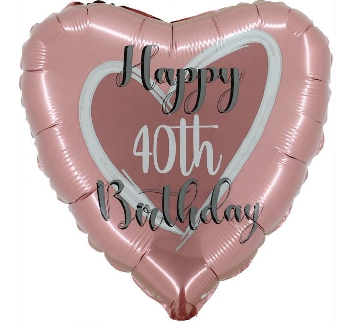 18"/ 46cm ROSE GOLD HAPPY 40TH BIRTHDAY HEART SHAPE FOIL BALLOON