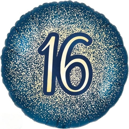 18"/ 46cm NAVY GOLD 16TH GLITTER BIRTHDAY ROUND FOIL BALLOON