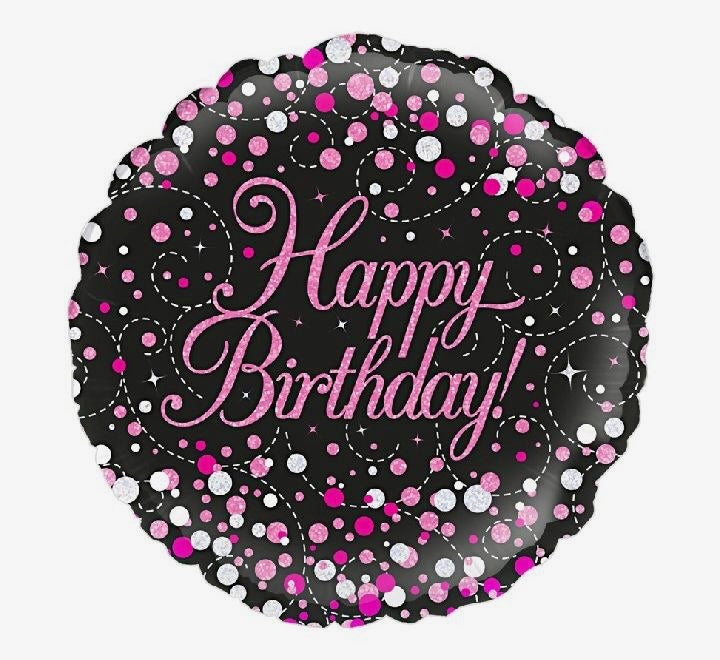 18"/ 46cm HAPPY BIRTHDAY! BLACK & PINK FIZZ ROUND FOIL BALLOON
