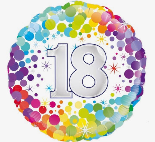 18"/ 46cm WHITE COLOURFUL CONFETTI "18" ROUND FOIL BALLOON