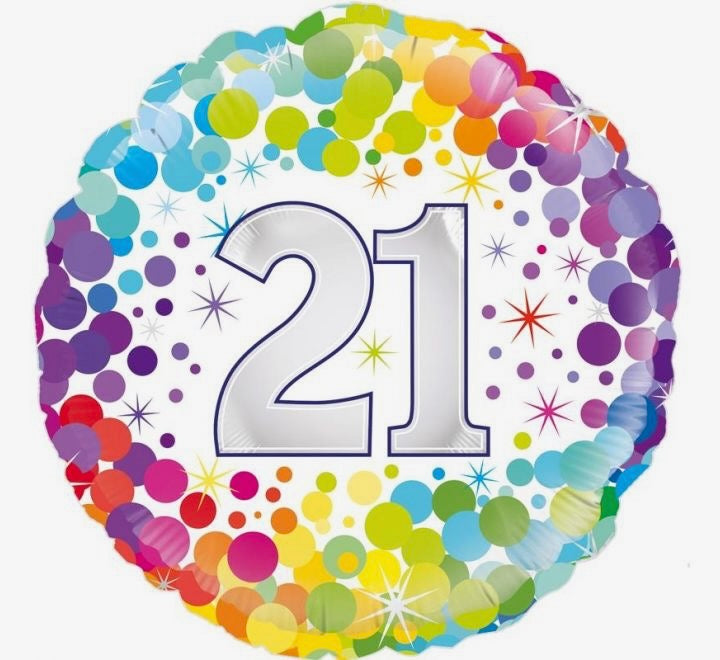 18"/ 46cm WHITE COLOURFUL CONFETTI "21" ROUND FOIL BALLOON