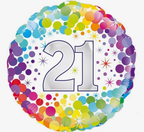 18"/ 46cm WHITE COLOURFUL CONFETTI "21" ROUND FOIL BALLOON