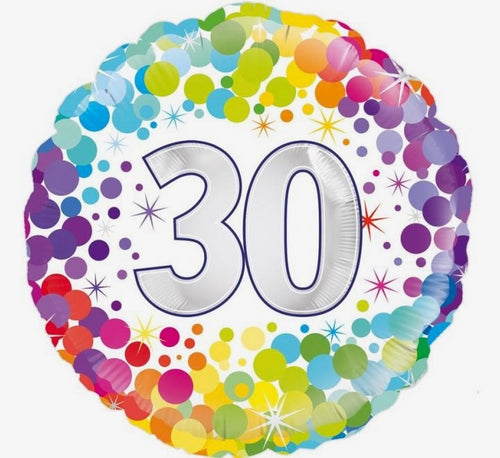 18"/ 46cm WHITE COLOURFUL CONFETTI "30" ROUND FOIL BALLOON