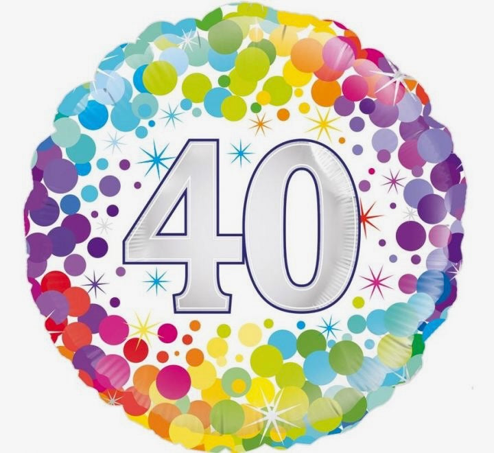 18"/ 46cm WHITE COLOURFUL CONFETTI "40" ROUND FOIL BALLOON