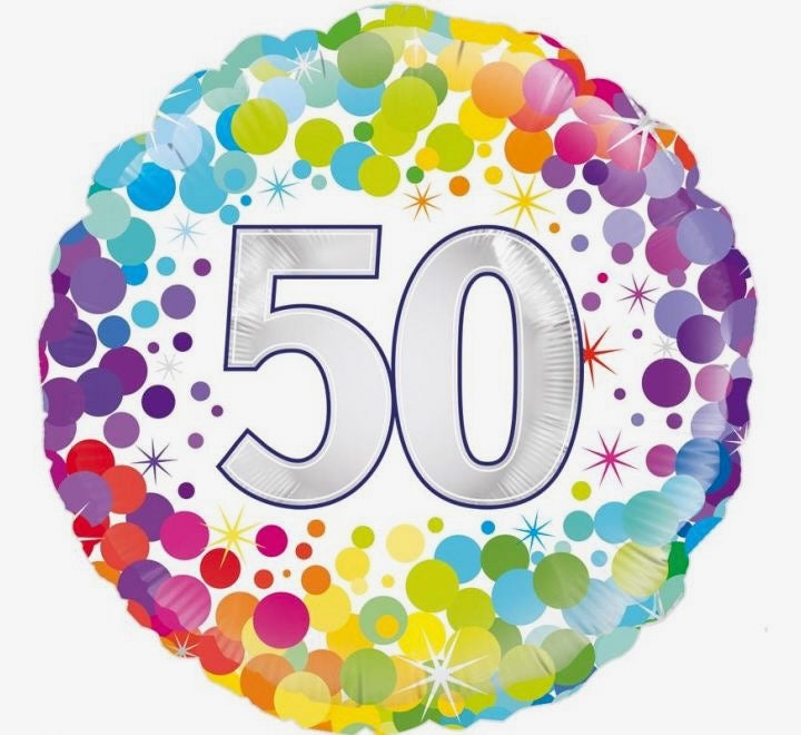 18"/ 46cm WHITE COLOURFUL CONFETTI "50" ROUND FOIL BALLOON