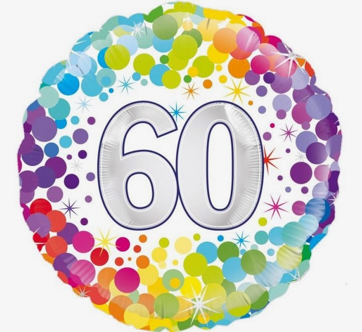 18"/ 46cm WHITE COLOURFUL CONFETTI "60" ROUND FOIL BALLOON