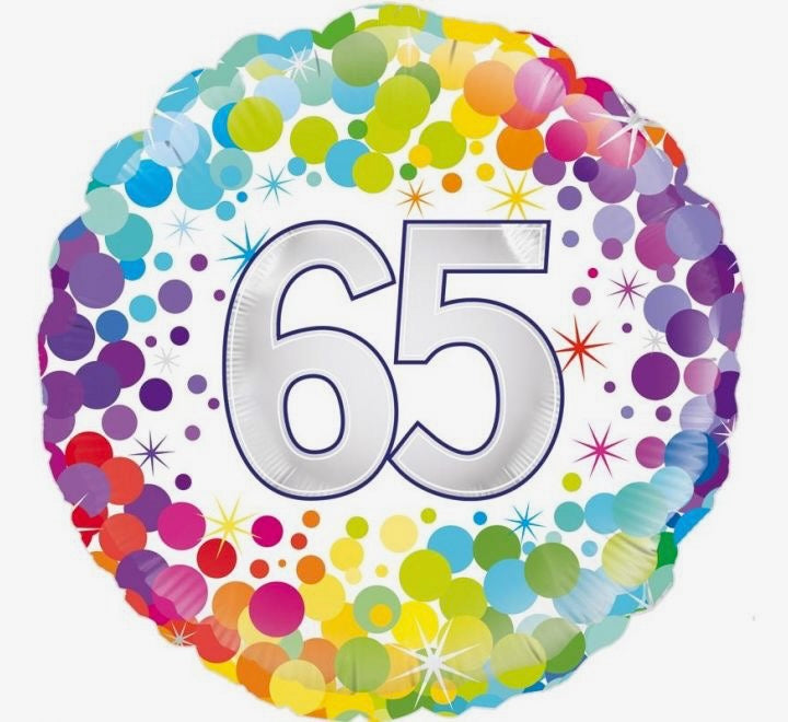 18"/ 46cm WHITE COLOURFUL CONFETTI "65"  ROUND FOIL BALLOON