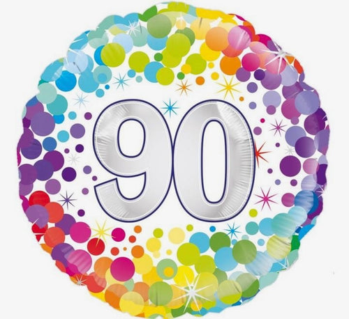 18"/ 46cm WHITE COLOURFUL CONFETTI "90" ROUND FOIL BALLOON