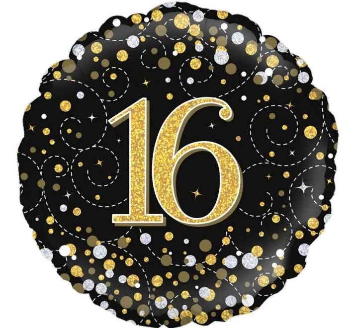 18"/ 46cm BLACK & GOLD SPARKLING FIZZ "16" ROUND FOIL BALLOON