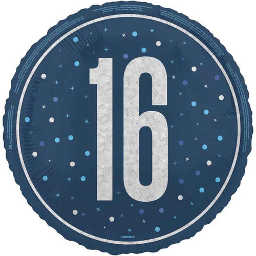 18"/ 46cm GLITZ BLUE 16TH BIRTHDAY ROUND FOIL BALLOON