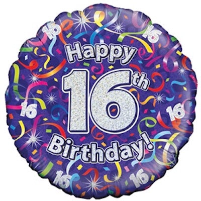 18"/ 46cm HOLOGRAPHIC 16TH B/DAY STREAMERS ROUND FOIL BALLOON