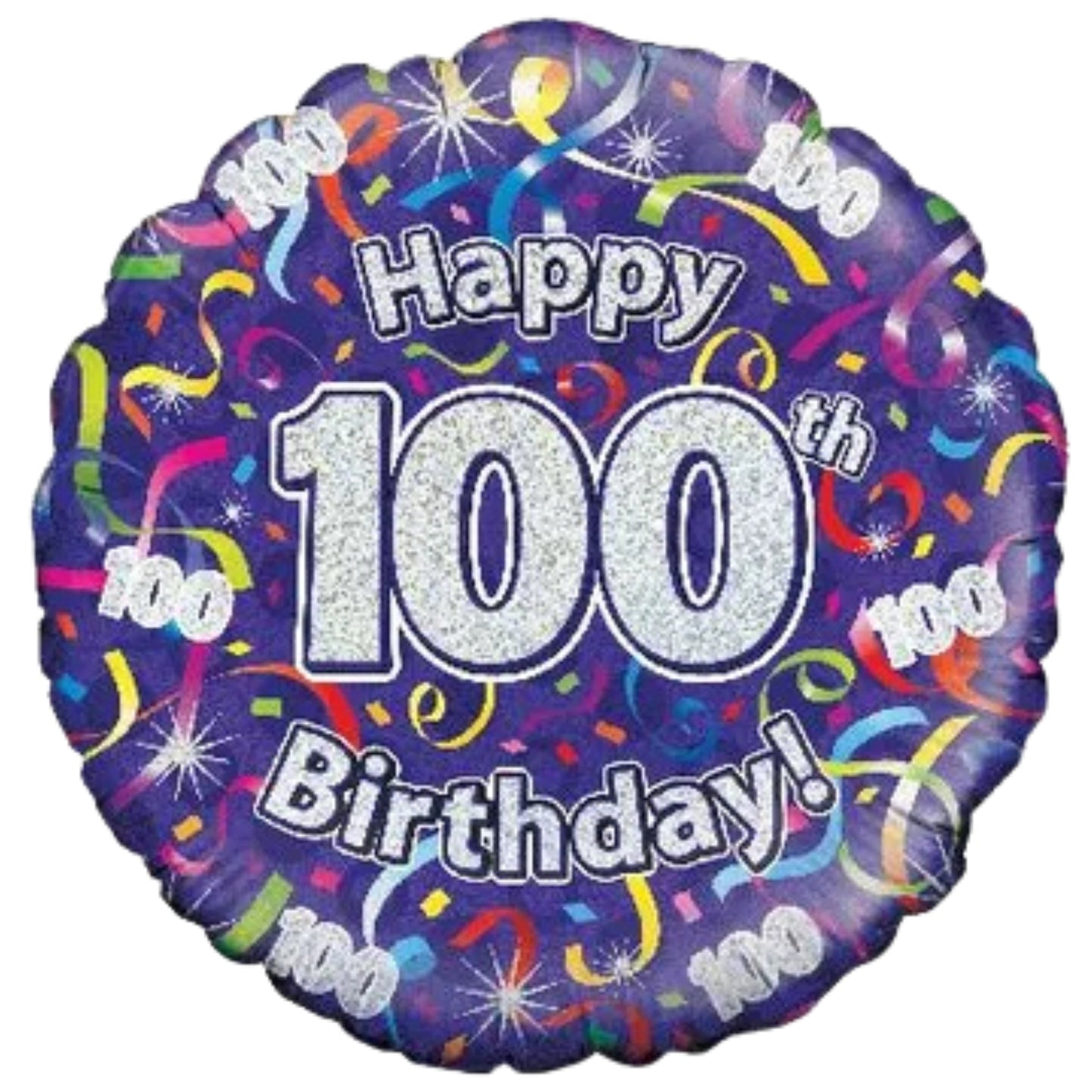 18"/ 46cm HOLOGPAHIC 100TH BIRTHDAY STREAMERS ROUND FOIL BALLOON