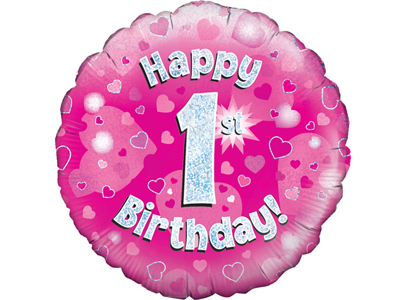 18"/ 46cm PINK HOLOGRAPHIC 1ST BIRTHDAY ROUND FOIL BALLOON